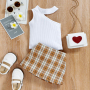 Conyson Wholesale Fashion Baby Girls Clothes Set Sleeveless Ribbed Hollow Shoulder Vest Tops+Plaid Printed A-Line Skirt Outfit