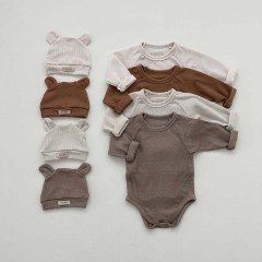 Conyson Wholesale Infant Girls Clothes Sets Cotton Solid Clothing With Bear Hat Pants Newborn Unisex Baby Romper Suit