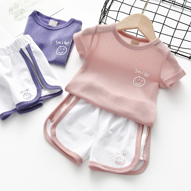 Conyson Wholesale Kids Summer Clothes Baby Girls Smile Letter Printed Casual Ice Silk Short Sleeve Sports Children Clothing Set