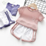 Conyson Wholesale Kids Summer Clothes Baby Girls Smile Letter Printed Casual Ice Silk Short Sleeve Sports Children Clothing Set