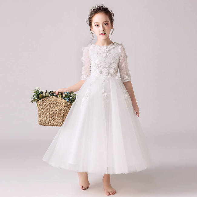 Factory High Quality Formal Trailing Birthday Puff Sleeve Knee-Length Party Wear Flower Dress Girl