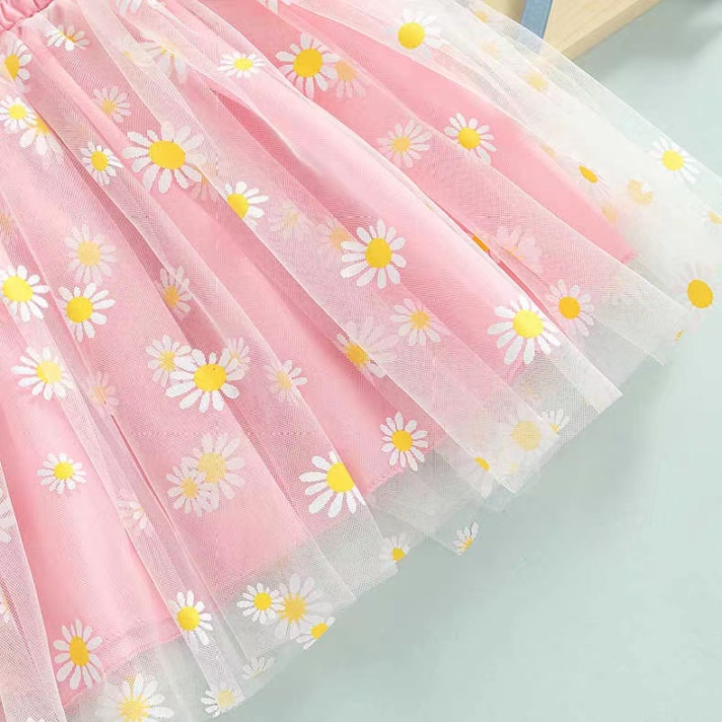 New Boutique Girls Baby Sweet Dress Floral Ruffled Sleeveless Sling Smocking Tulle Princess Dress Sunflower Printed Skirts