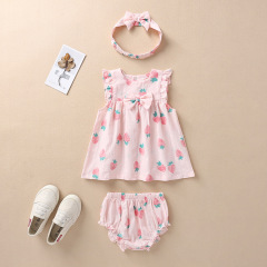Conyson direct sales wholesale price 0-2Y bunny sleeveless ruffle floral strawberry sweet with bow 3 Pieces cute baby rompers