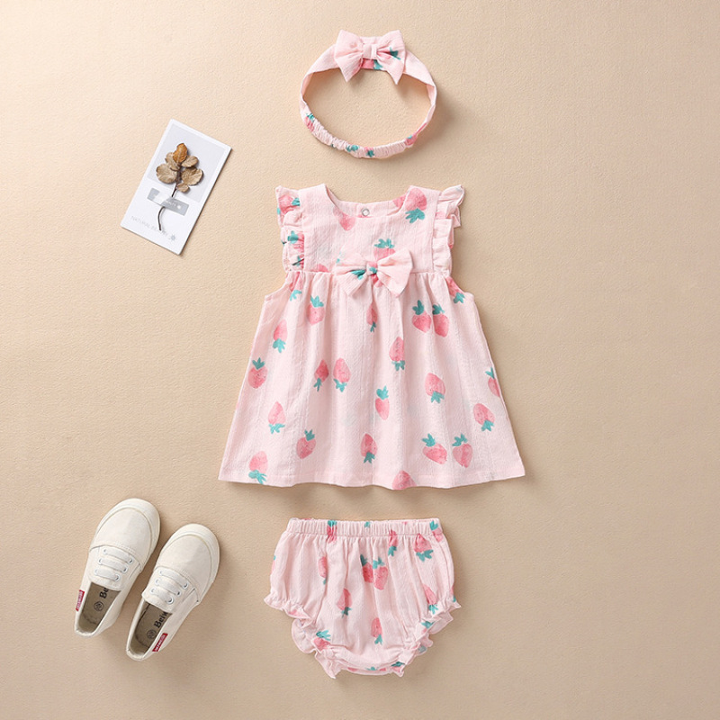 Conyson direct sales wholesale price 0-2Y bunny sleeveless ruffle floral strawberry sweet with bow 3 Pieces cute baby rompers