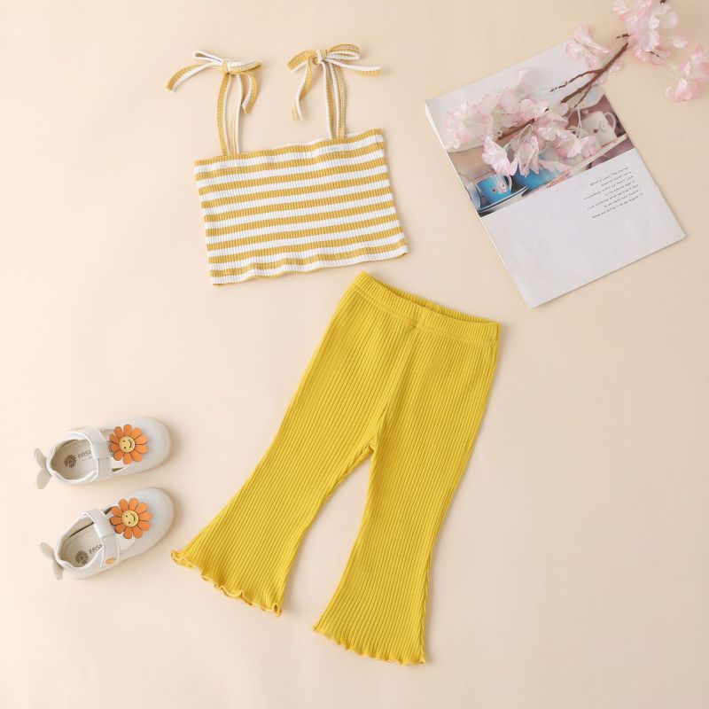 Conyson Wholesale Set summer kids Girl stripe sleeveless rib Tops With pure color clothing set long bell-bottoms children's suit