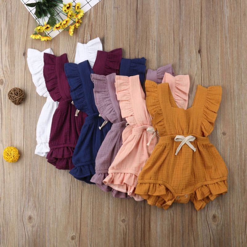 Wholesale Cotton Gauze Infant Flutter Sleeve Suit Baby Summer Clothing Rompers Sleeveless