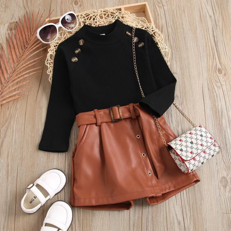 Conyson Winter Hot Sale Children Clothes Knit Long Sleeve Button Sweater Leather Shorts Two Piece Elegant Girls Outfits