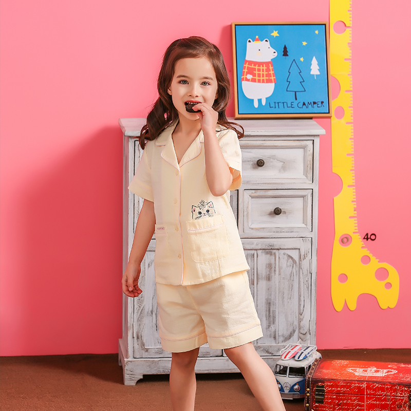 Solid Cotton Kids Cartoon Pajamas Solid Short Sleeves Girls Pyjamas Set Wholesale Kids Custom Two Piece Children Pajama Set