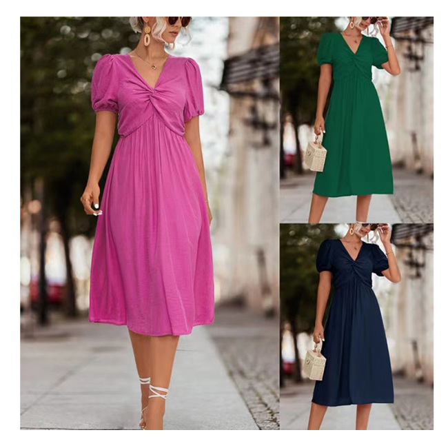 Conyson Hot Wholesale Stock Lots Spring Summer Ruffled Puff Sleeve Kink Polyester Solid V-Neck Fashion Women Elegant Dress