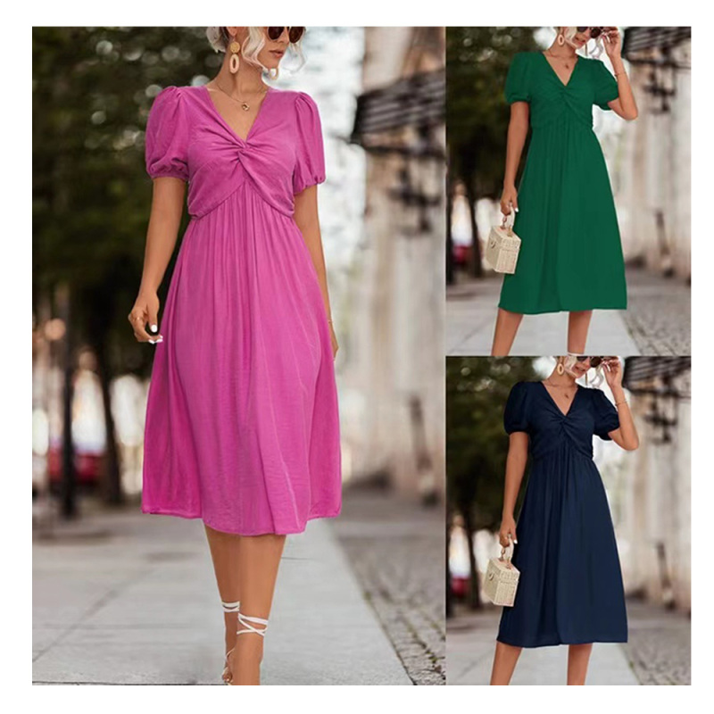 Conyson Hot Wholesale Stock Lots Spring Summer Ruffled Puff Sleeve Kink Polyester Solid V-Neck Fashion Women Elegant Dress