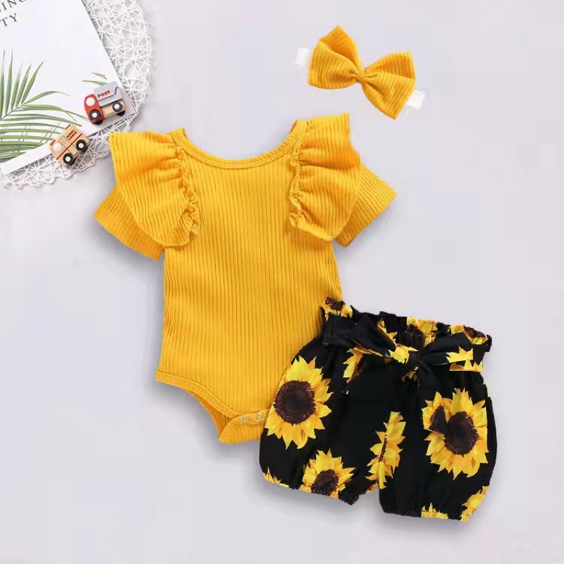 Conyson Wholesale 2021 Summer Rompers Outfits Girls Sets Summer Boutique Knitted Floral Patterns Baby Girl Clothes Set