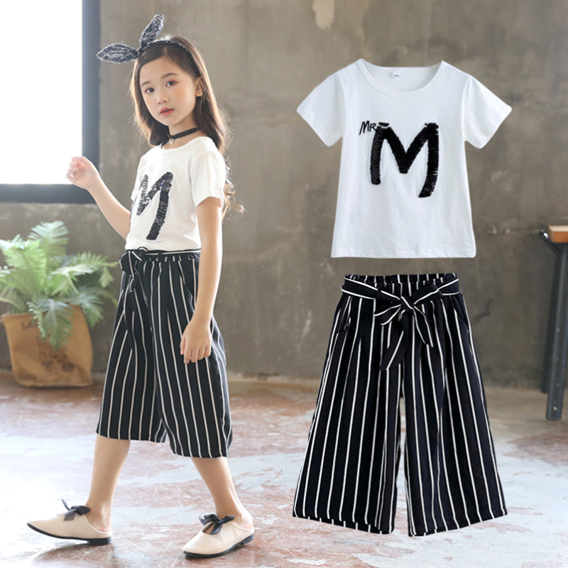 Factory Customization O-Neck Short Sleeve Knitted 2Pcs Casual Girls Clothing Sets Summer