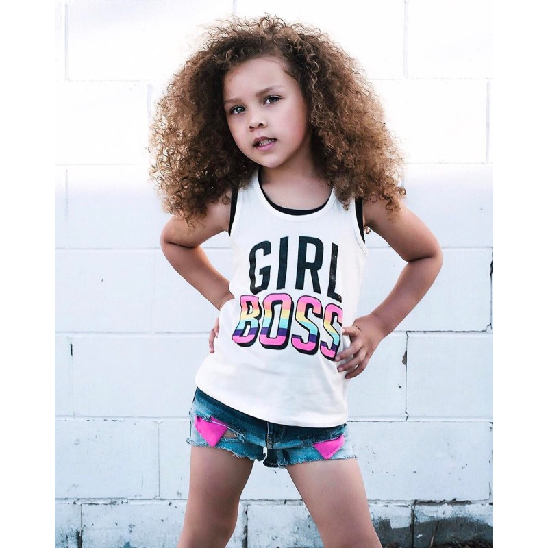 Baby Girl Summer Outfit Cotton White Girl Printed Tank Top Distressed Patched Denim shorts Kid Girl Sleeveless clothing Set