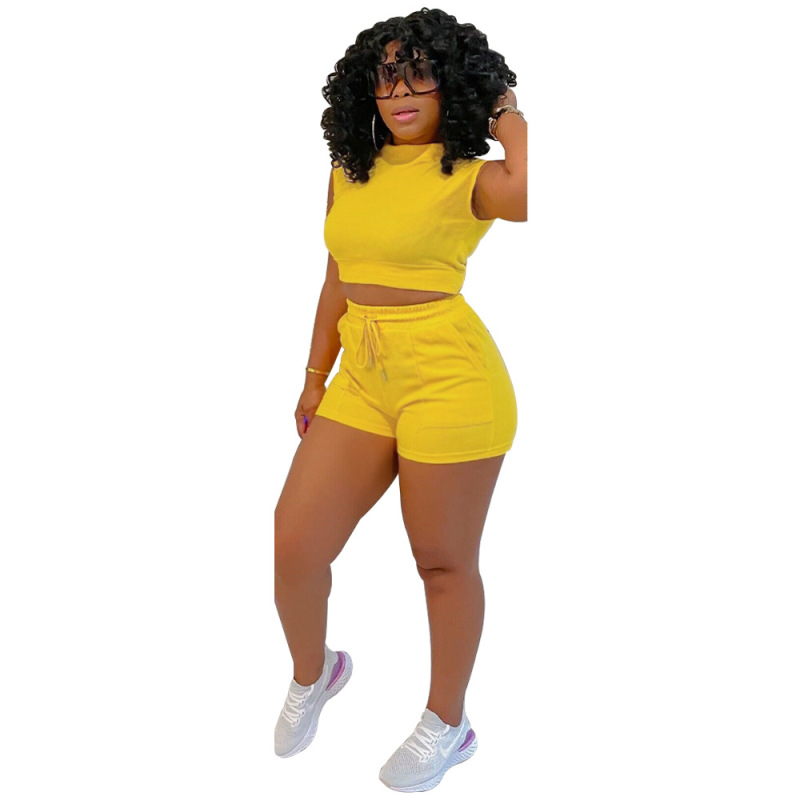 2023 Bulk New Design Summer Solid Shorts Custom LOGO Two Pieces Gym Wear Seamless Sleeveless Cozy jogger Women Matching Sexy Set