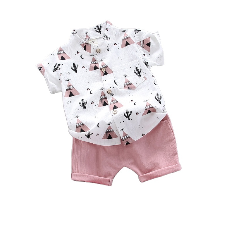 wholesale 2021 Popular Summer cotton cartoon children clothes short Sleeve button tops pure color shorts baby Girls Boys sets