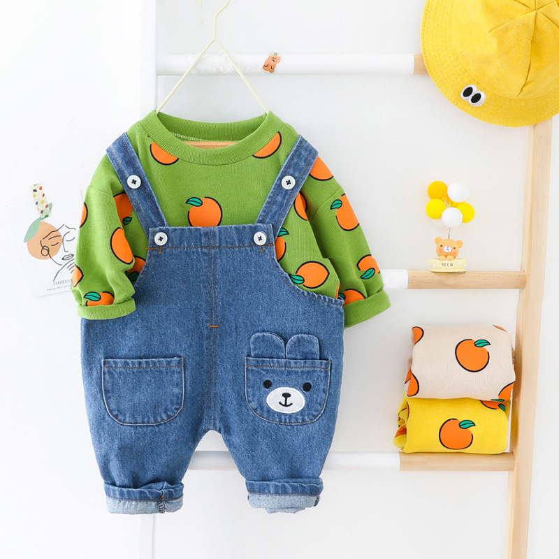 2021 autumn New Style kids clothing long sleeve print cartoon tops denim Girls Jumpsuits children baby boy clothes set