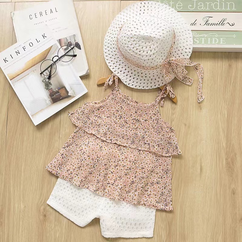 Girl Baby Two Tiered Floral Chiffon Sling Hollow Shorts Straw Hat Three Pieces Suits Casual Rural Sleeveless Sets