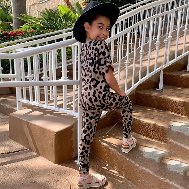 Conyson summer Kids Short Sleeve baby girls Top Long Leggings Stretch Leopard Printed Girls short sleeve suit