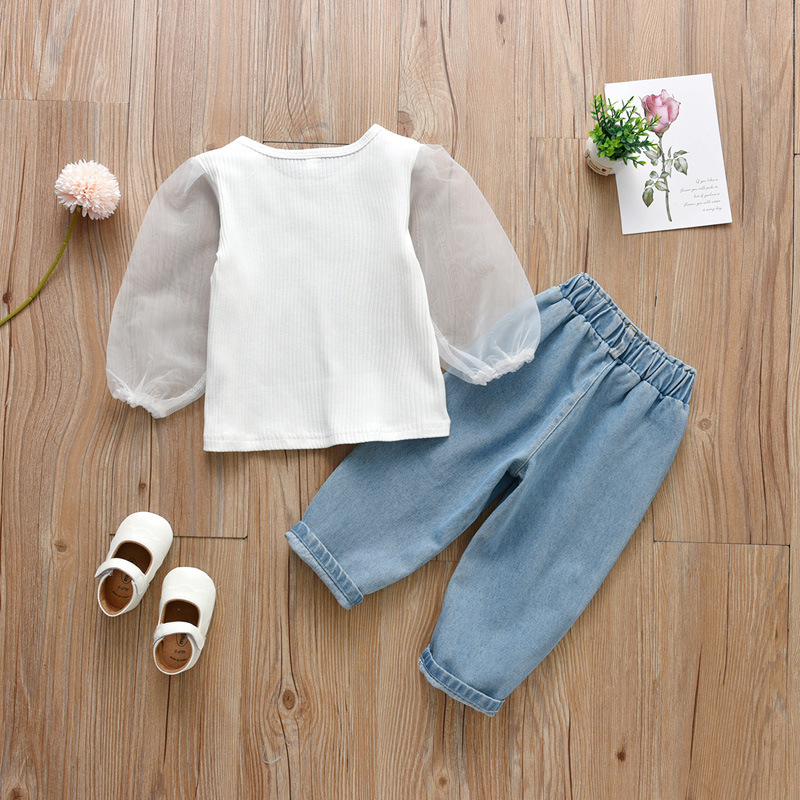 Conyson 2021 Summer 2Pcs Children Girls White Pullover Mesh Long Puff Sleeve Knit Tops+Denim Long Pants Outfit Kids Girls Suit