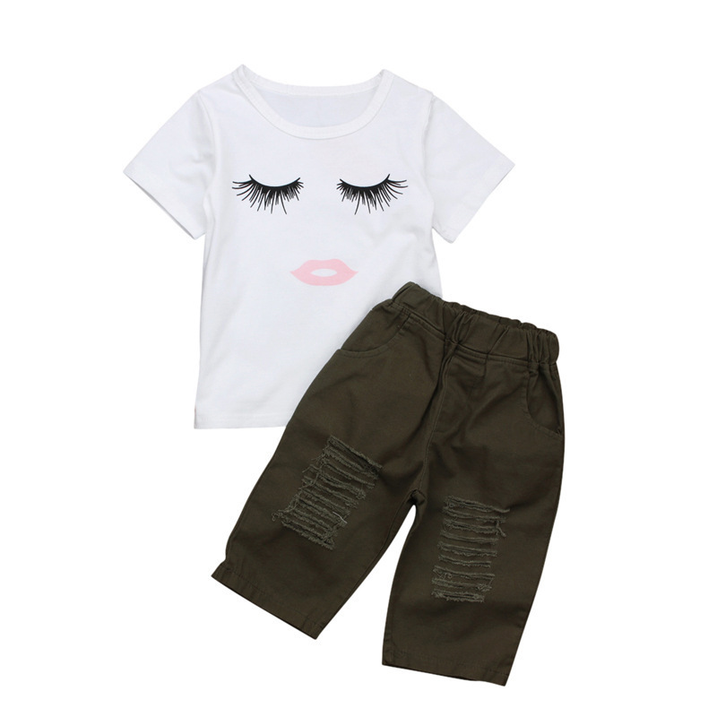 Wholesale 2021 Summer casual short sleeve white print cartoon tops medium pants Kids Clothes suits Children girls Clothing Set