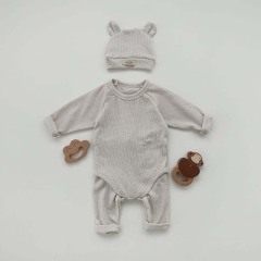 Conyson Wholesale Infant Girls Clothes Sets Cotton Solid Clothing With Bear Hat Pants Newborn Unisex Baby Romper Suit