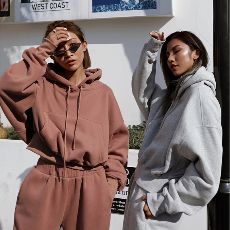 Hot Sale High Quality Custom Long Sleeve Tracksuit Sport Gym Pullover Plain Crop Top 2 Pieces Jogging Oversized Women's  Set