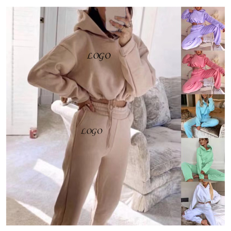 Hot Sale Custom Logo Long Sleeve Hat Top Fit Pants Autumn and Winter Sports Casual Women Clothing Gym Joggers And Hoodie Set