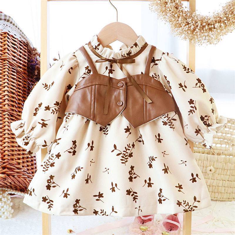 Autumn Winter Velvet Girl Skirts Vintage Floral Dress Leather Vest Spliced Ruffled Sleeve Rural Princess Dress