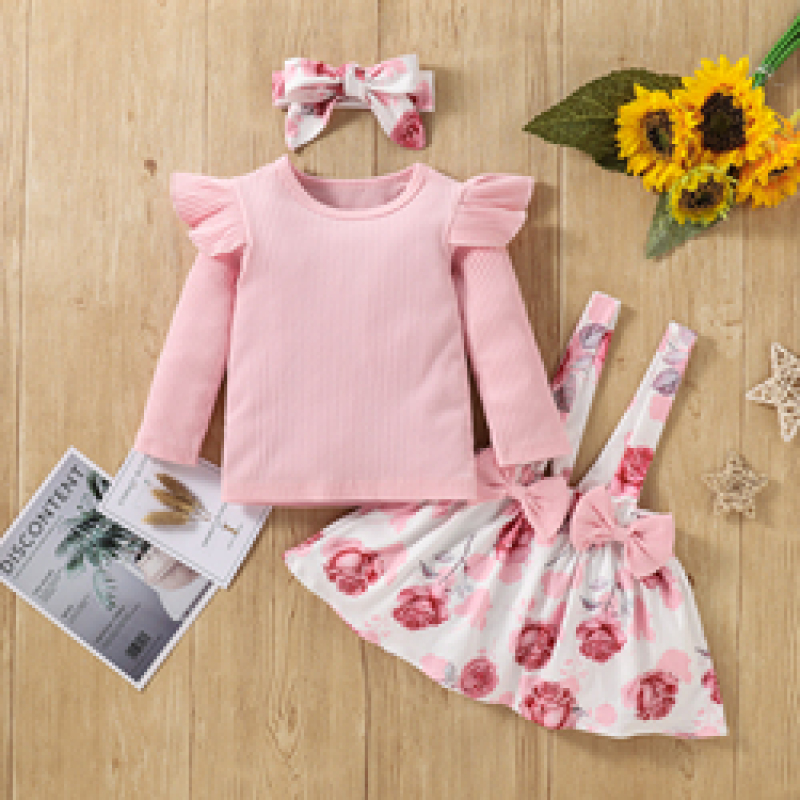 Hot Sale Girls long sleeve sets knitting ruffle tops+suspender skirt+headband 3PCs girls clothing sets baby clothes