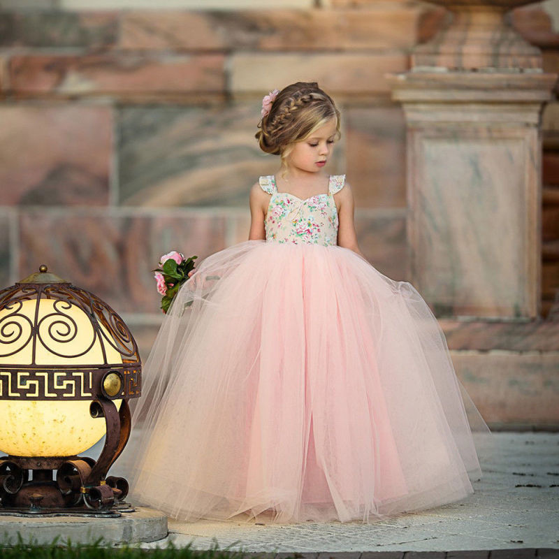 Conyson Wholesale Summer Ruffle Sleeve Mesh Weeding Party Dress Pink Flower Tulle Princess Dresses Girls Sweet Tutu Long Dress