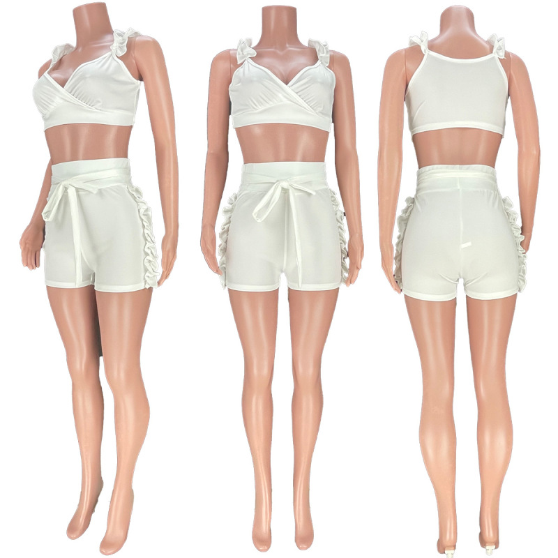 V Neck Cross Sling Ruffle Flouce Shorts Two Piece Suits Solid Colored Crops Tops Belted Sport Briefs Summer Women Sets