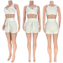 V Neck Cross Sling Ruffle Flouce Shorts Two Piece Suits Solid Colored Crops Tops Belted Sport Briefs Summer Women Sets