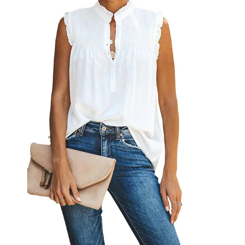 Conyson Hot Sale New Style Summer Woven Lotus Sleeve Lotus Collar Button Ruffle Formal Women's Vests And Chiffon Waistcoats