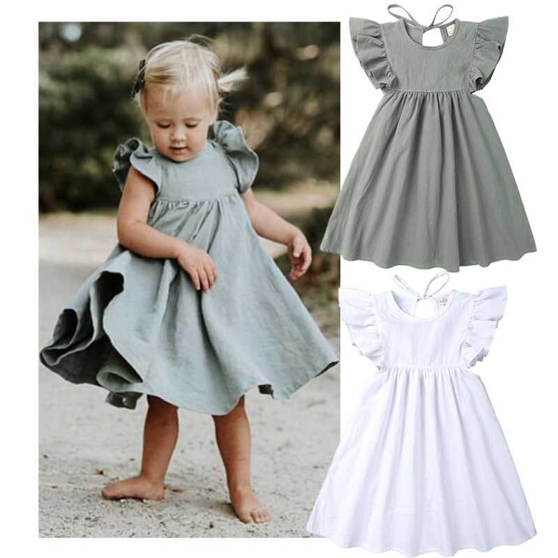 Conyson Toddler Baby Girls Cotton Linen Crew Neck Dress Summer Ruffle Sleeve Halter Sleeveless Kids Casual Beach Party Dresses
