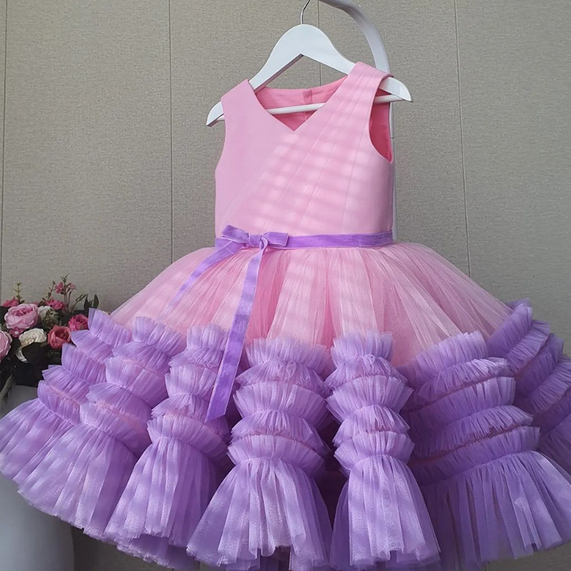 Conyson Wholesale Kids Clothes Summer Mesh Lace Sleeveless Flower Layered Princess Fashion Vintage Ceremony Clothing Tutu Dress