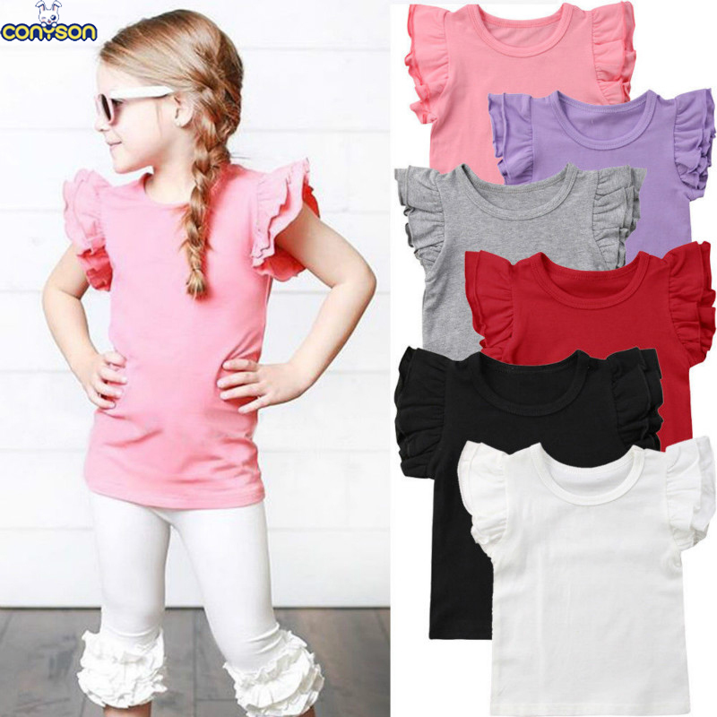 Conyson boutique Children's baby Korean kids Fashion pure color shirt fold shoulder wear Summer cute Girl clothing Tops T-shirt