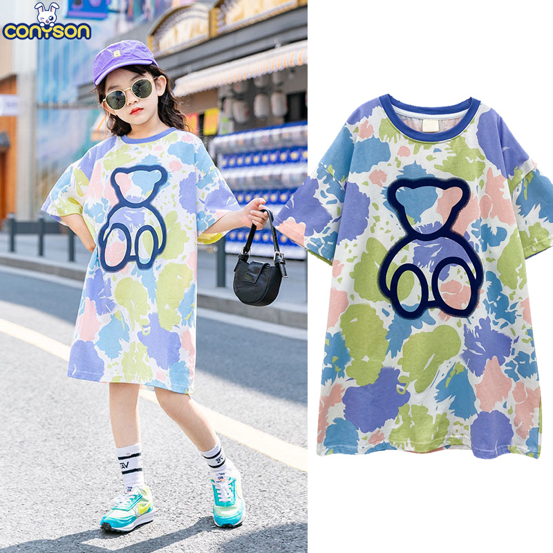 Conyson Wholesale New Design Kids Clothes Summer Outfit Floral Short Sleeve Print T-shirt Cartoon Casual Dress for Little Girls