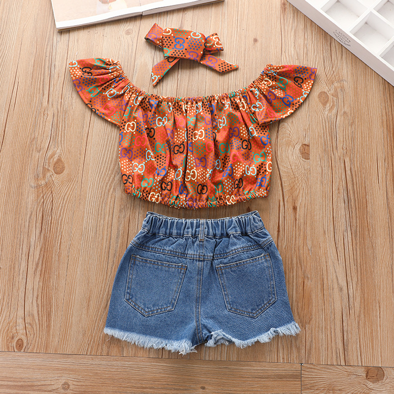 2021 New Product Printed Pullover Denim Shorts Set Europe And America Summer Three-piece Children  Clothing Girls Hot Pants Suit