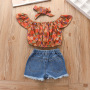 2021 New Product Printed Pullover Denim Shorts Set Europe And America Summer Three-piece Children  Clothing Girls Hot Pants Suit