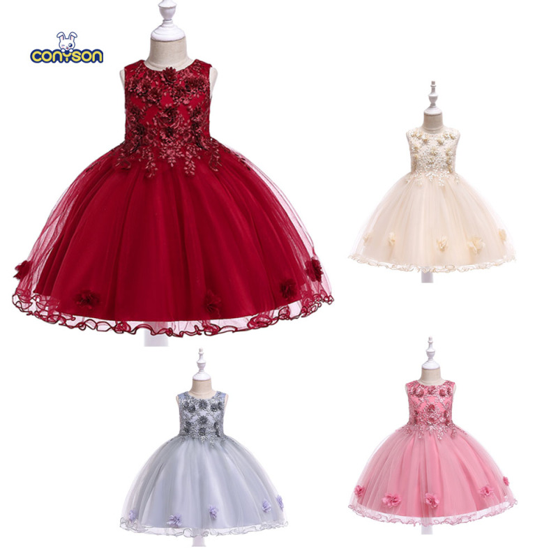 Conyson Embroidered Bow Kids Girls Dresses Party Wear Princess Children Clothes Performance Litter Girl Dress
