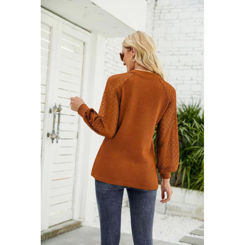 Conyson New Arrivals Spring Winter Waffle Lace Splicing Raglan Sleeve V Neck Quality Designer White Plain T-shirt Women