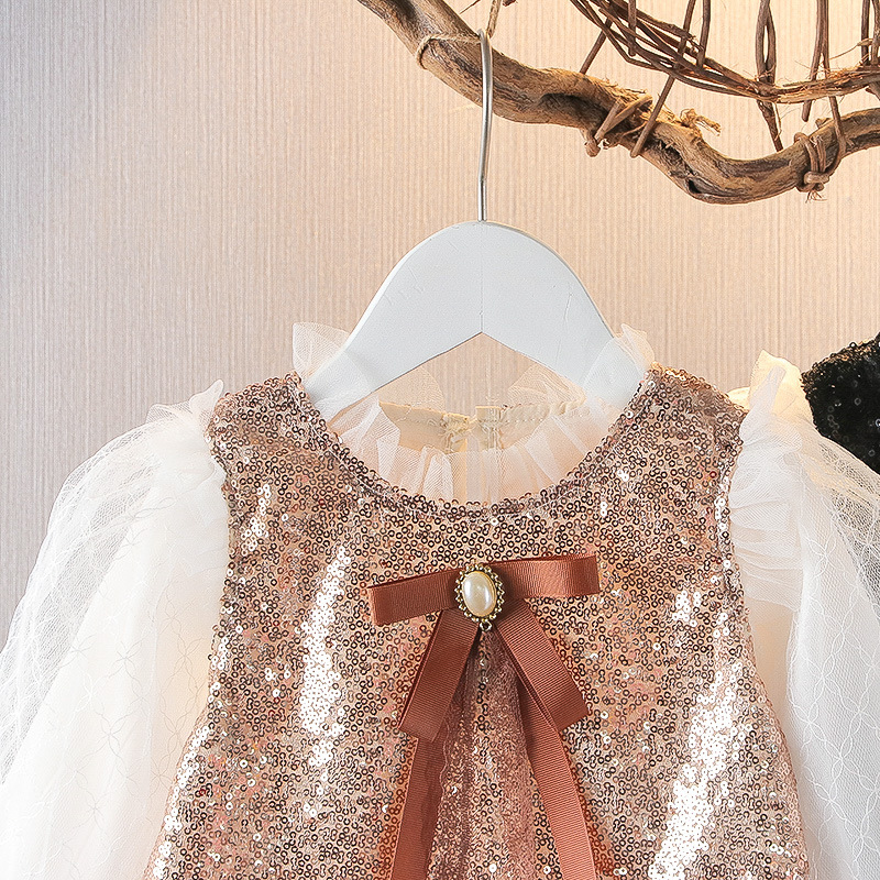 Conyson New Fall Kids Girl Clothing Mesh Long Ruffle Sleeve Shiny Sequin Bow Mid Dress Elegant Princess Party Dresses