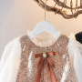 Conyson New Fall Kids Girl Clothing Mesh Long Ruffle Sleeve Shiny Sequin Bow Mid Dress Elegant Princess Party Dresses
