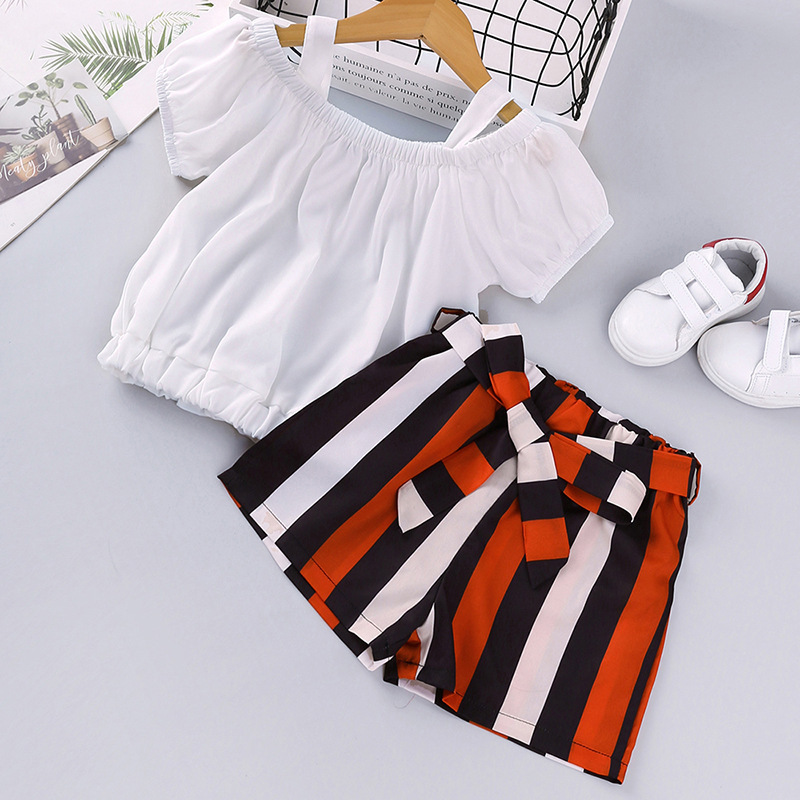 2021 hot selling summer cute fashion designed two-piece striped short sleeve striped baby girls clothes set children outfits