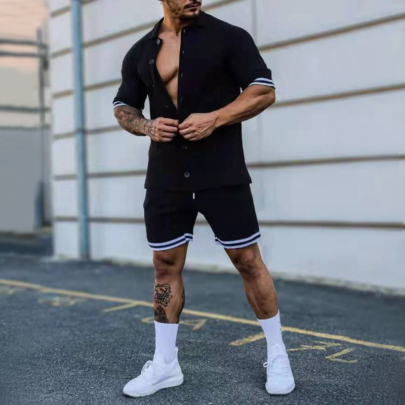 Conyson Slim Fit New Solid Active Wear Buttoned Short Sleeve Shirt Custom Uniform Tracksuit Two Piece Summer Short men Set