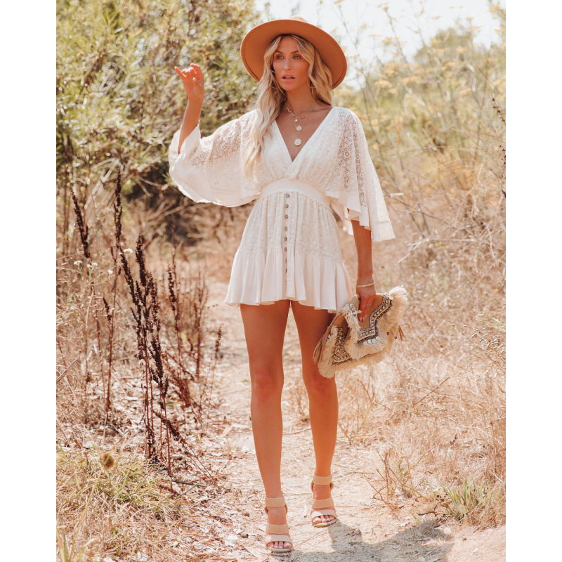 high quality ins fashion designer summer adult batwing sleeve sexy clothes women lace S-XL clothing one-piece casual mini dress