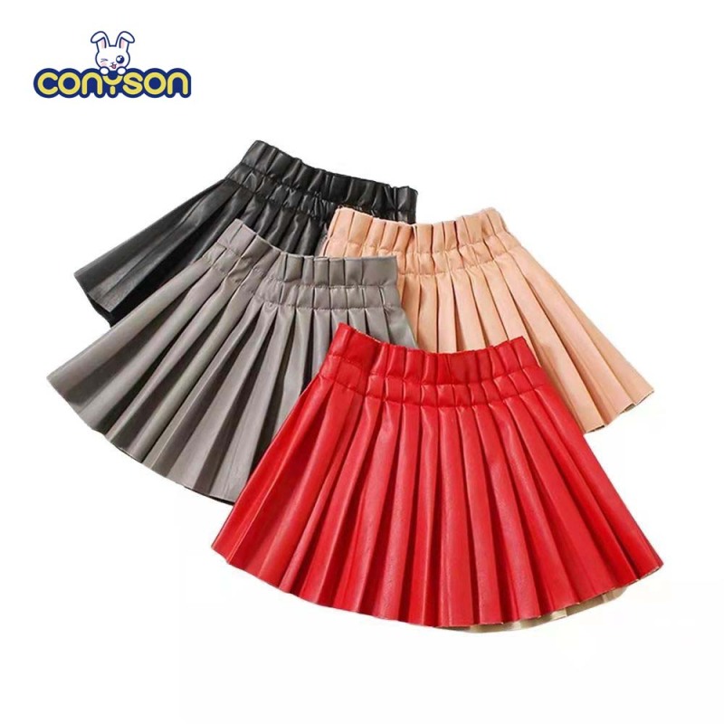 Conyson New design Summer Baby Girls Pu Leather Solid Pleated Skirt Elastic Waist Short Skirts pleated skirt