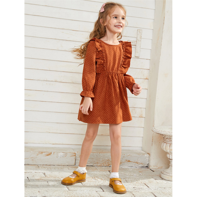 Conyson Wholesale New Kids Clothes Casual Minimalist Style Solid Linen Lace Summer Girls Clothing Ruffles Dot Little Girls Dress