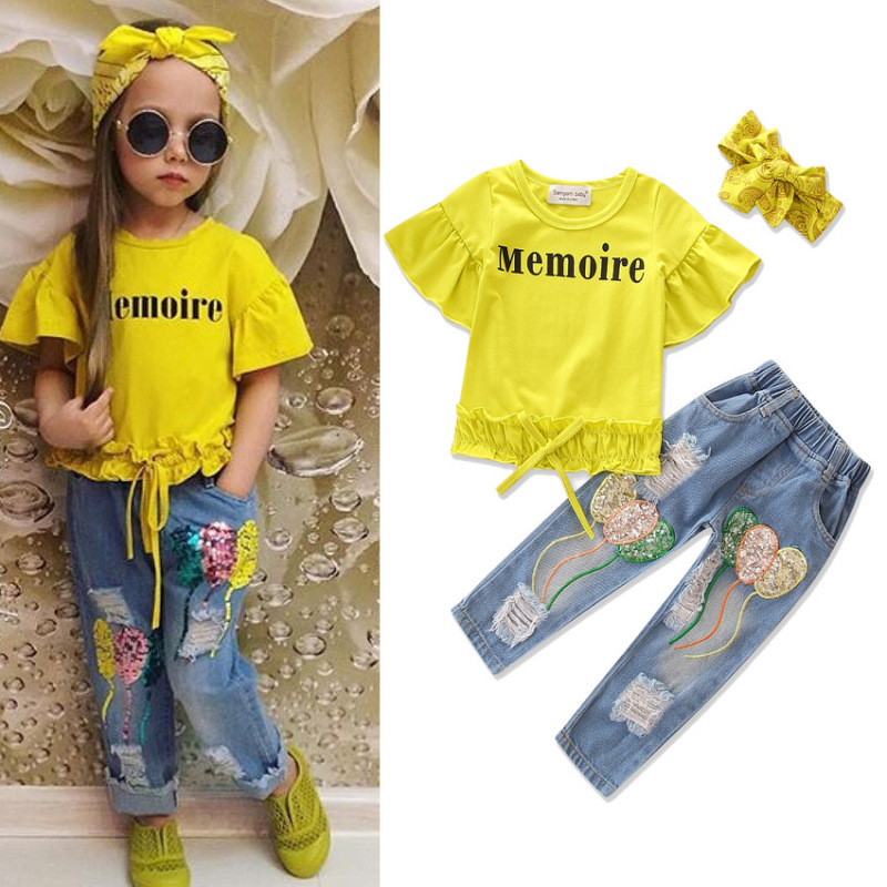 2021 Kids Children's Flare Sleeve + Sequin Balloon Ripped Jeans Girls Set