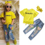 2021 Kids Children's Flare Sleeve + Sequin Balloon Ripped Jeans Girls Set